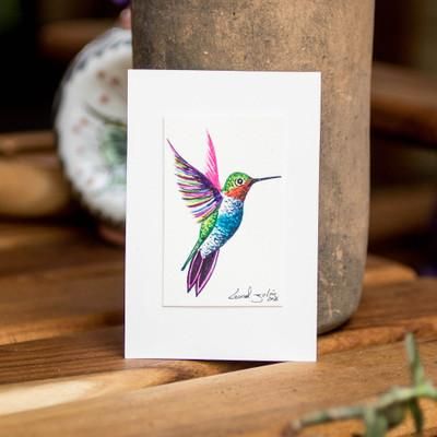 Garden Soul,'Stretched Signed Acrylic Painting of Multicolor Hummingbird'