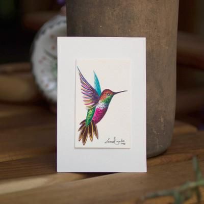 'Nature-Inspired Signed Acrylic on Paper Hummingbird Painting'