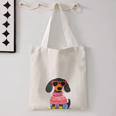 Sac fourre-tout imprimé chien teckel portant des lunettes de soleil roses et un pull en tricot, grand sac à main à bandoulière pour le shopping et les trajets quotidiens