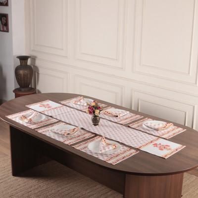 'Block-Printed 13-Piece Cotton Table Linen Set in Red & Gold'
