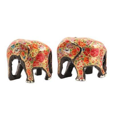 Multicolored Flower Friends,'Multicolored Papier Mache Elephant Figurines (Pair)'