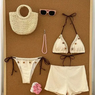 Ensemble de maillots de bain 2 pièces pour femmes, style bohème vintage, avec perles en bois, haut triangle halter et short de plage à coupe haute, pour l'été