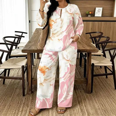 Ensemble deux pièces imprimé vintage pour femme – Hauts décontractés à manches longues et pantalon ample élégant pour le quotidien