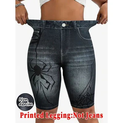 Shorts de motard pour femme taille haute imprimé araignée en faux denim, leggings extensibles effet denim imprimé avec poches