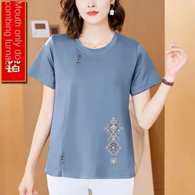 T-shirt en coton brodé pour femme, manches courtes, haut décontracté