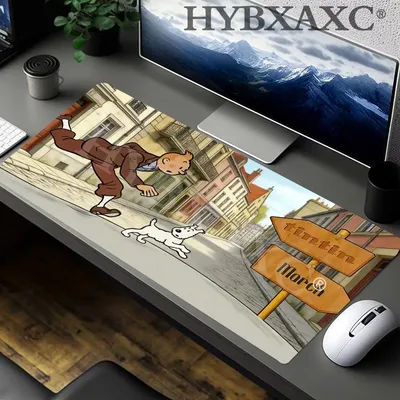 HYBXAXC Grand tapis de souris pour ordinateur, tapis de souris pour gamer, tapis de clavier, tapis de bureau mignon, accessoires PC, Les Aventures de Tintin