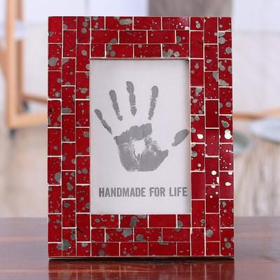Cheerful Memories,'Red and Silver Rectangular 4x6 Glass Mosaic Photo Frame'