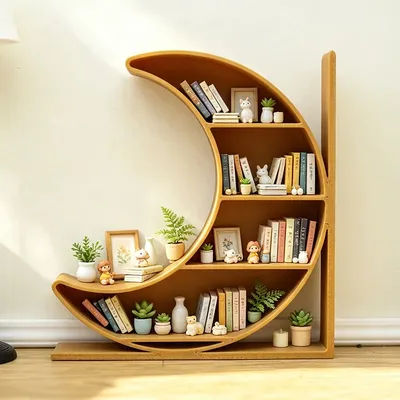 Crescent Moon Mini Bookshelf Miniature,Dollhouse Bedroom Study Furniture Accessory,Pastel Moon Shape Storage Rack Prop for OB11