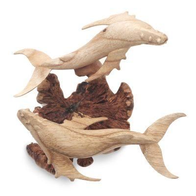 Grey Whale Couple,'Unique Hand Carved Wood Whale Sculpture'