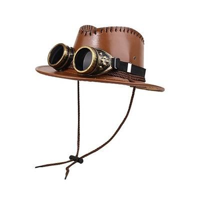 Cappello da cowboy steampunk da uomo in similpelle con occhiali, cappello da cowboy western in vari colori per feste di Halloween, cosplay, festival, spettacoli teatrali e travestimenti a tema.