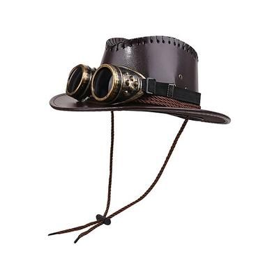 Cappello da cowboy steampunk da uomo in similpelle con occhiali, cappello da cowboy western in vari colori per feste di Halloween, cosplay, festival, spettacoli teatrali e travestimenti a tema.