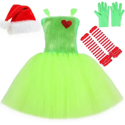 Christmas Santa Claus Grinch Costume For Green Furry Monster Cosplay Tutu Dress Baby Girl Holiday Xmas Party Clothes Outfit