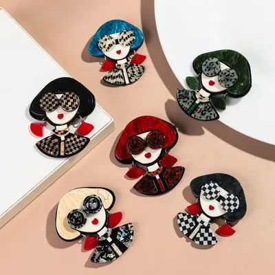 Fashion Acrylic Wearing Sunglasses Girl Brooches for Women Lovely Smart Lady Brooch Lapel Pins Clothing Jewelry Accessories