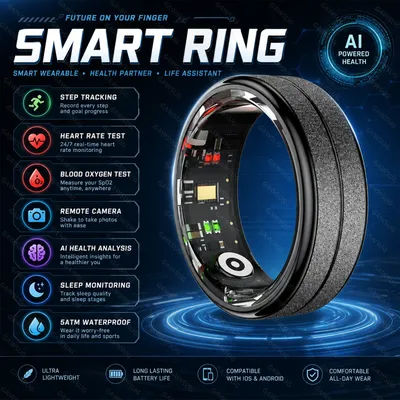 Bague connectée AI pour le suivi de la santé, pour hommes et femmes, en acier inoxydable, étanche 5ATM, moniteur de fréquence cardiaque, SpO2, sommeil et température, bague de fitness