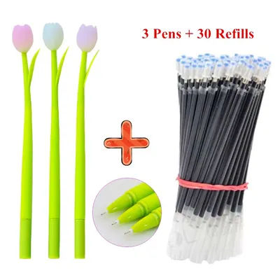 3 stylos Gel + 30 recharges 0.38mm, Kawaii, plante de décoloration créative, tulipe en Silicone, Signature, fournitures d'écriture, papeterie