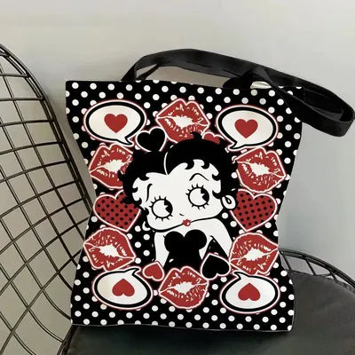 Sacs de rangement Cartoon B-Betty B-Boop, sac fourre-tout en toile imprimé double face, sac à bandoulière durable pour la plage, le shopping, le pique-nique, écologique