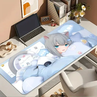 Tapis de bureau Kawaii Neko Cat Girl, tapis de souris étendu Nekomimi à poils gris et yeux bleus, tapis de jeu antidérapant et lisse