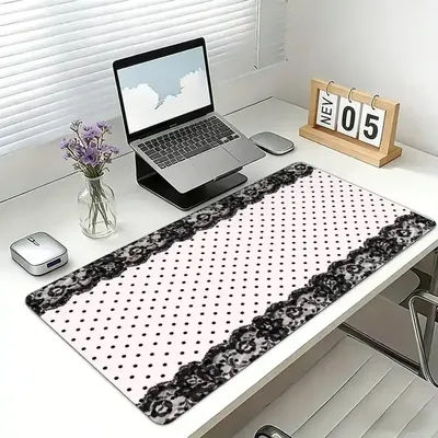 Tapis de souris XXL en cuir PU rose et noir à pois avec dentelle, protection de bureau, tapis de souris pour la maison et le bureau