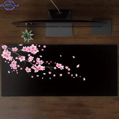 Grand tapis de souris noir au design fleur de cerisier, tapis de bureau antidérapant, accessoires de bureau durables, tapis de souris pour jeux, 120x60cm