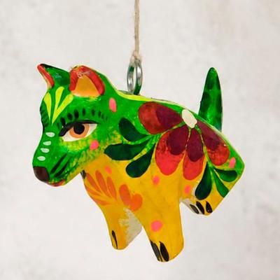 'Tropical Alebrije-Themed Pinewood Dog Ornament Made by Hand'