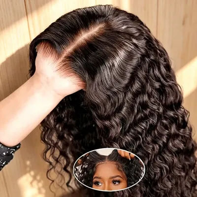 Natural Color Deep Wave Human Hair 13x4 13x6 HD Transparent Lace Front Wig Remy Human Hair Pre Plucked Baby Hair Bleached Knots Minimal Shedding No Tangle 40 46 Inch Long Lace Wig For Women