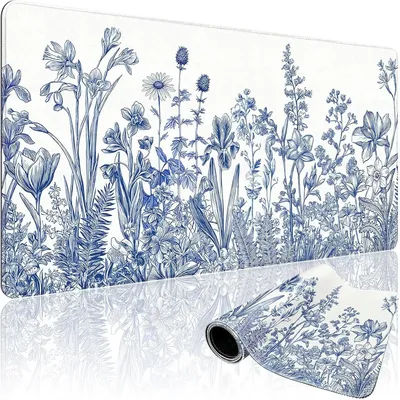 Grand tapis de souris de jeu à motif floral bleu Narcissus, tapis de bureau XXL, base en caoutchouc antidérapante, bords cousus - Tapis de souris imperméable pour PC/bureau