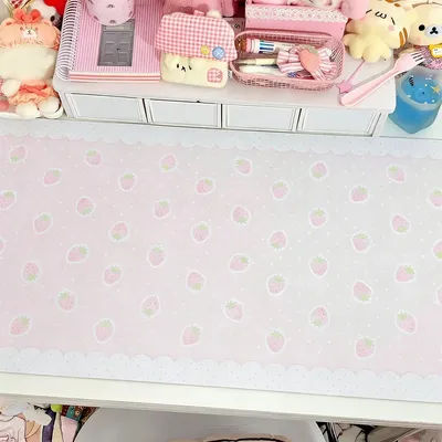Tapis de Souris XXL en Cuir Rose à Pois Fraise Style Coréen Ins, Grand Tapis de Bureau Décoratif Esthétique