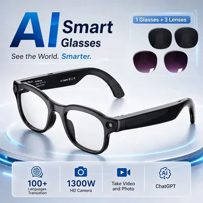Lunettes intelligentes AI avec caméra HD 1300W, traduction linguistique ChatGPT, enregistrement vidéo 1080P, lecteur de musique, fonction d'appel, lunettes de soleil pour homme et femme