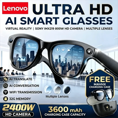 Lunettes Intelligentes Lenovo 8K Professionnelles avec Caméra d'Enregistrement Vidéo HD, Appel Bluetooth ChatGPT, Traduction Linguistique et Musique – Lunettes de Soleil pour Hommes