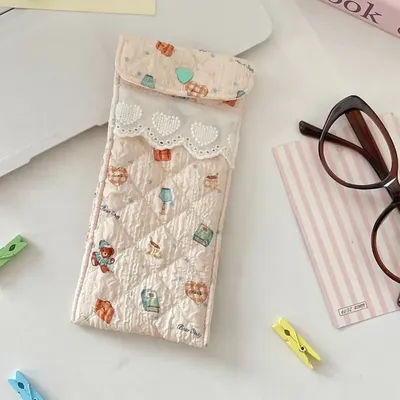Sac de rangement pour lunettes en coton de style coréen, avec motif en dentelle en forme de cœur, trousse à crayons multifonctionnelle, étui pour lunettes de soleil, sac à rouge à lèvres mignon, pour