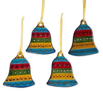 Bell Festivity,'Colorful Talavera-Style Ceramic Ornaments (Set of 4)'