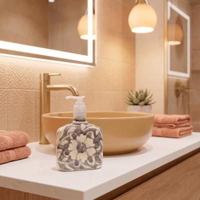 'Grey Talavera-Style Botanical Ceramic Liquid Soap Dispenser'