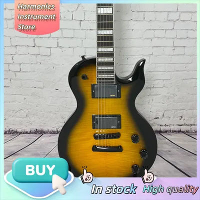 Guitare électrique à 6 cordes BS, micros HH, placage Sunburst Tiger Flame, incrustation en bloc pour performance sur scène, style hard rock, unisexe