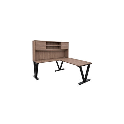 71" Urban Walnut Steel V-Leg Bow Front L-Shaped Desk w/Hutch