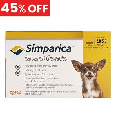 45% Off Simparica for Dogs 2.8-5.5 Lbs (Yellow) 3 Doses