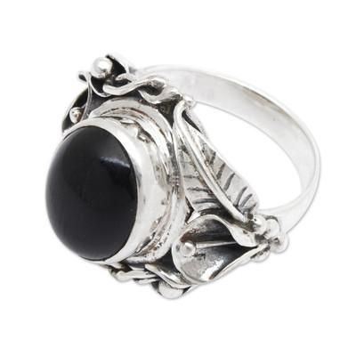 'Nest of Lilies' - Women's Floral Sterling Silver and Onyx Cocktail Ring
