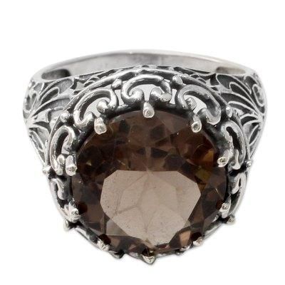 Lotus Embrace,'Smoky Quartz and Sterling Silver Cocktail Ring from India'
