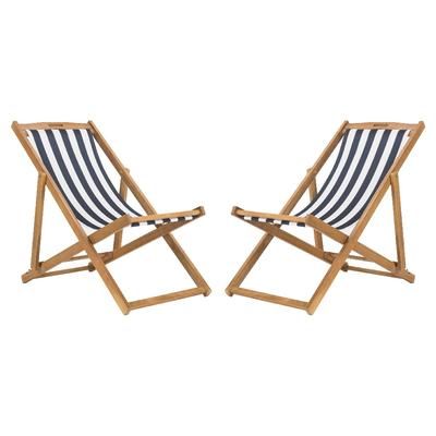 Loren Foldable Sling Chair in Natural/Navy/White (Set of 2) - Safavieh PAT7040A-SET2