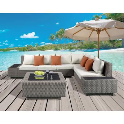 Salena Patio Sectional & Cocktail Table in Beige Fabric & Gray Wicker - Acme Furniture 45020