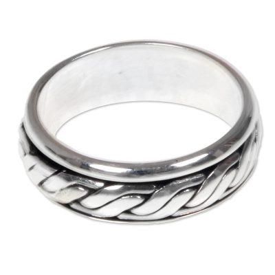 Lightning Track,'Textured Silver Handcrafted Men's Band Ring from Bali'