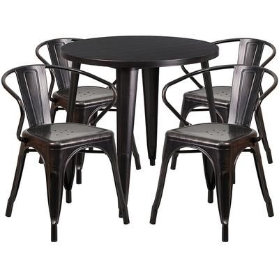 30'' Round Black-Antique Gold Metal Indoor-Outdoor Table Set with 4 Arm Chairs - Flash Furniture CH-51090TH-4-18ARM-BQ-GG