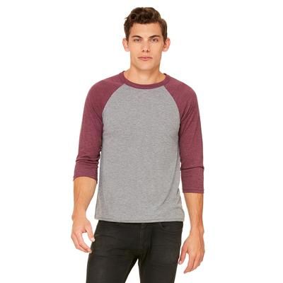 Bella + Canvas 3200 3/4-Sleeve Baseball T-Shirt in Gray/Maroon Triblend size Large | Ringspun Cotton B3200, BC3200
