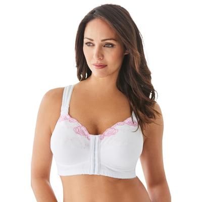 Plus Size Women's Front-Close Embroidered Wireless Posture Bra by Comfort Choice in White Floral (Size 44 B)