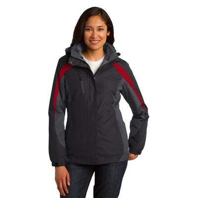 Port Authority L321 Women's Colorblock 3-in-1 Jacket in Black/Magnet/Signal Red size Large | Polyester