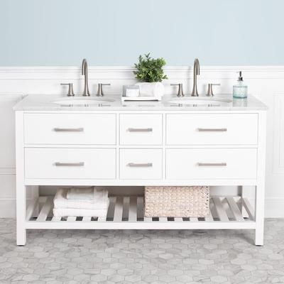 Randolph Morris Everett 60 Inch Birch & Oak Solid Wood Double Sink Console Vanity with Oval Undermount Sinks and White Carrera Marble Countertops - White RMV560-WH