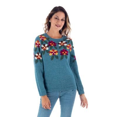 Turquoise Garden,'Intarsia Knit Turquoise Floral Alpaca Sweater'