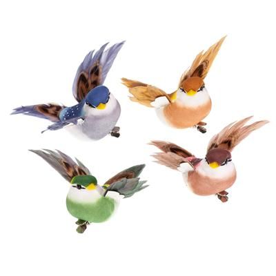 Oiseaux en plumes "colibri" avec pince, multicolore, 8 cm, 4 pièces