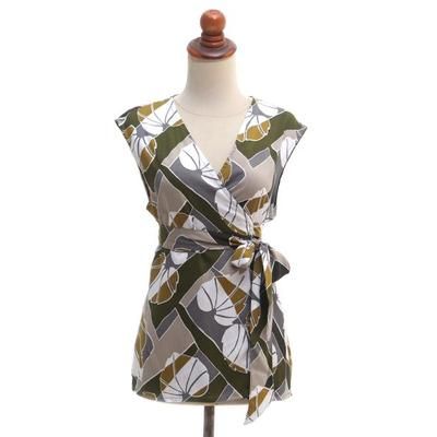 Garden Party,'Handmade Leaf-Themed Rayon Wrap Blouse from Bali'