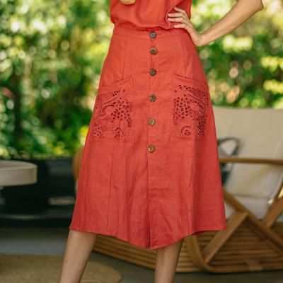 Juicy Fruit,'Embroidered Linen Knee-Length Skirt'