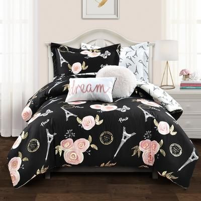 Vintage Paris Rose Butterfly Script Comforter Black 5Pc Set Twin/Twin XL - Lush Decor 16T005340